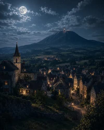 Ceyssat de nuit sous la pleine lune, clocher de pierre et Puy de Dôme à l'horizon