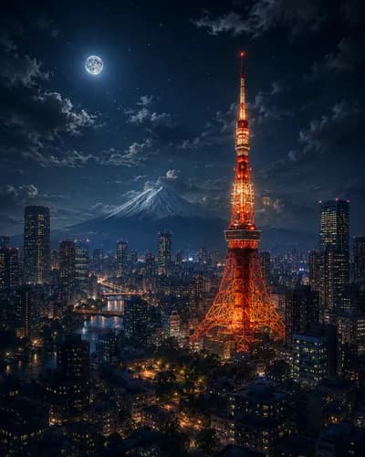 La tour de Tokyo illuminée devant le mont Fuji, la mégapole de nuit